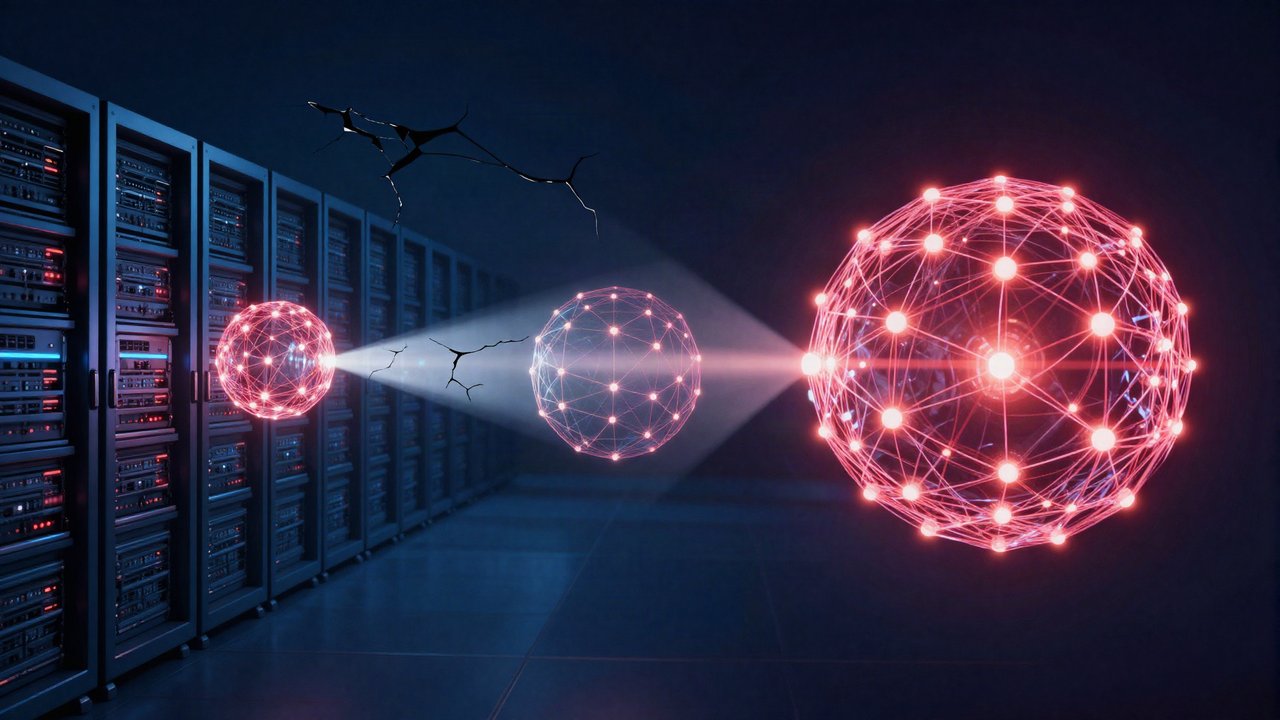 Illustration of two glowing AI neural-network nodes each sending a beam of light through a cracked digital firewall into a row of server racks, representing separate AI systems breaching real infrastructure during safety testing